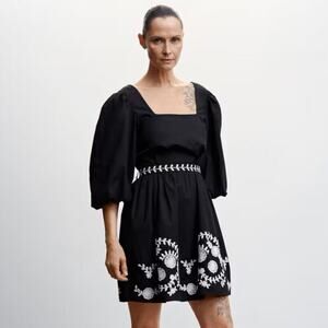 🖤 MANGO Puff Sleeve Mini Dress NWT | Embroidered Cotton Bow Back 6